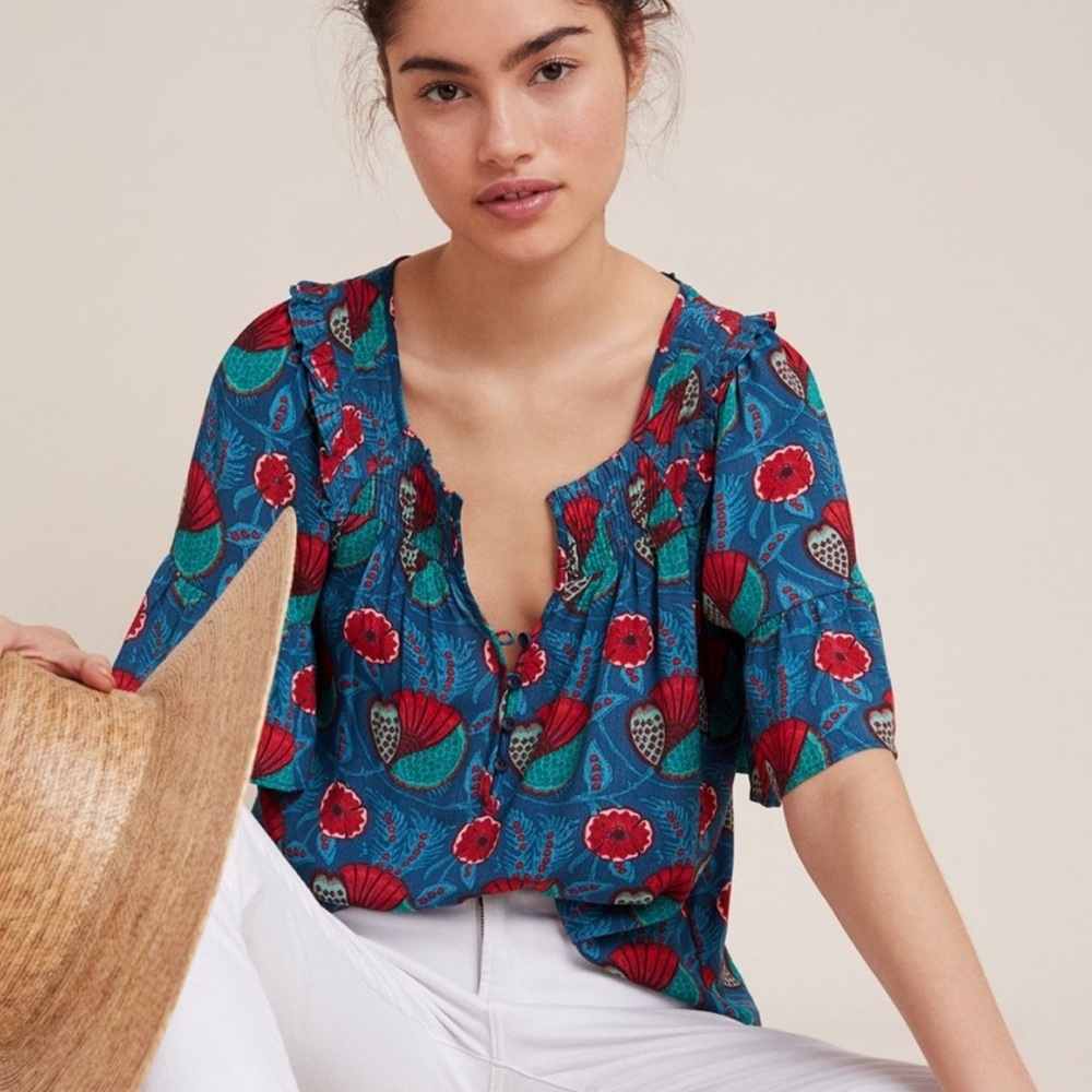 Anthropologie Maeve Letita Floral Printed Smocked Flutter Sleeve Top Size Small